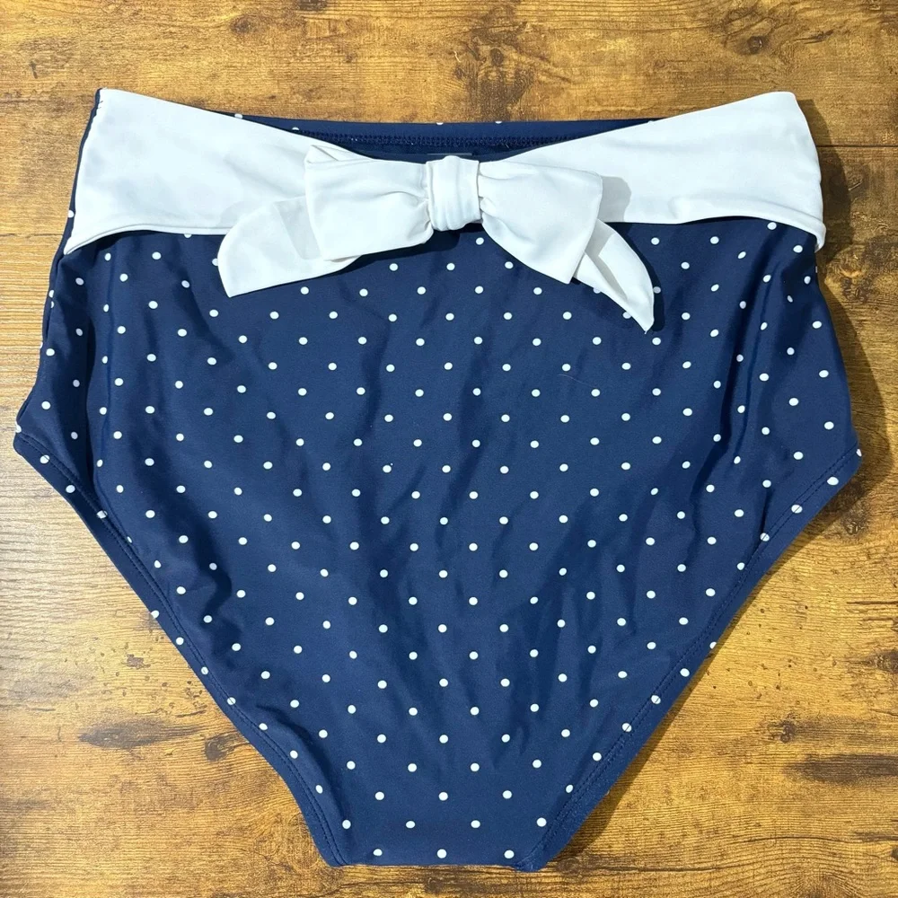 Unique Vintage Swim Navy Polka Dot with Back Bow High Waist Swim Bottoms Medium